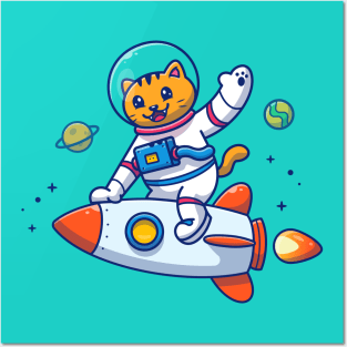 Cute Cat Astronaut Riding Rocket Cartoon Posters and Art